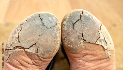 Close-up view of deeply cracked and rough skin on the heels of a person's feet.