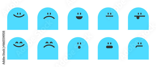 Conjunto de iconos de emoticones azules. Estados de ánimo y expresiones. Feliz, triste, serio, sorprendido, alegre. Ilustración vectorial