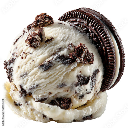 A scoop of cookies and cream ice cream with an oreo cookie on top isolated transparant background