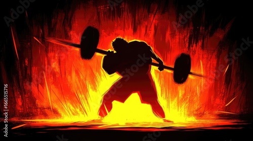 Silhouette of weightlifter lifting barbell against a bright, fiery backdrop. Strong visual contrast