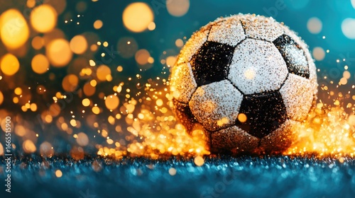 Soccer ball with bright, blurred golden lights and sparkles on the ground