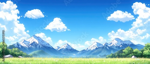 Sunny, scenic vista featuring mountains, meadows, and clear skies