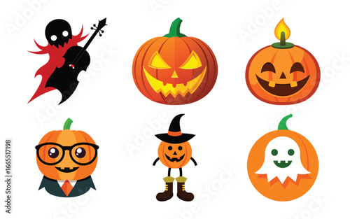 Vector art of collection of halloween pumpkins and characters, including a spooky ghost, a witch, a musician, and a pumpkin with glasses, all isolated on a