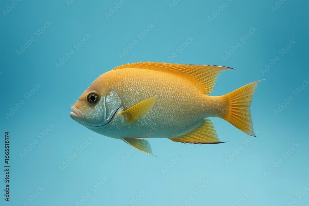 Fototapeta premium Golden fish swimming, aquarium, blue background, pet