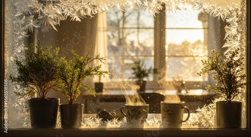 Cozy winter scene with steaming mugs and frosty window