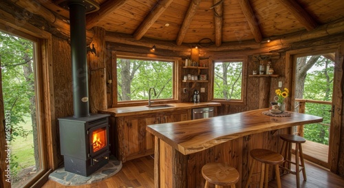 Cozy wooden kitchen interior with stove and nature view