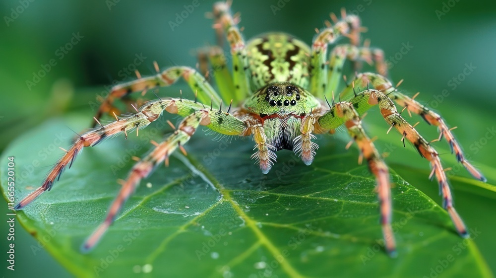 Fototapeta premium Stunning Close-Up of a Vibrant Green Spider on a Leaf