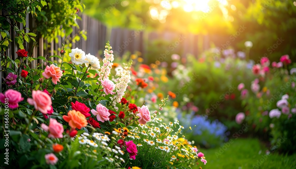 Obraz premium A vibrant garden bursting with colorful flowers bathed in golden sunlight, showcasing a beautiful array of blooms.