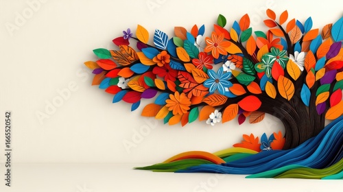 Vibrant tree with multicolored leaves and blue roots stands on a neutral background, artistic and detailed
