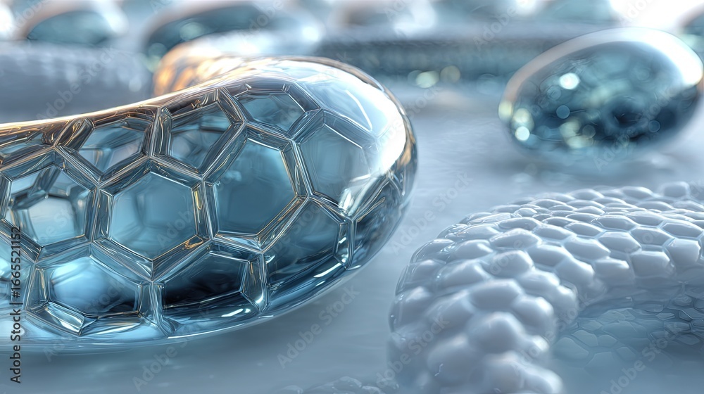 Naklejka premium Close-up of hexagonal bubbles on translucent material, light blue abstract background, futuristic natural aesthetic