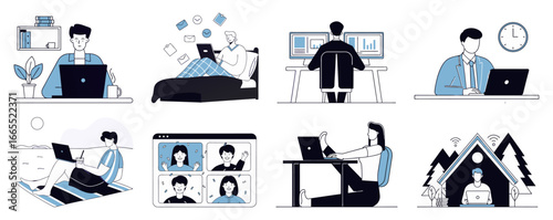 A graphic of a person working remotely on a laptop with a mountain view. Represents the digital nomad lifestyle, flexible work, and the freedom of working from anywhere.