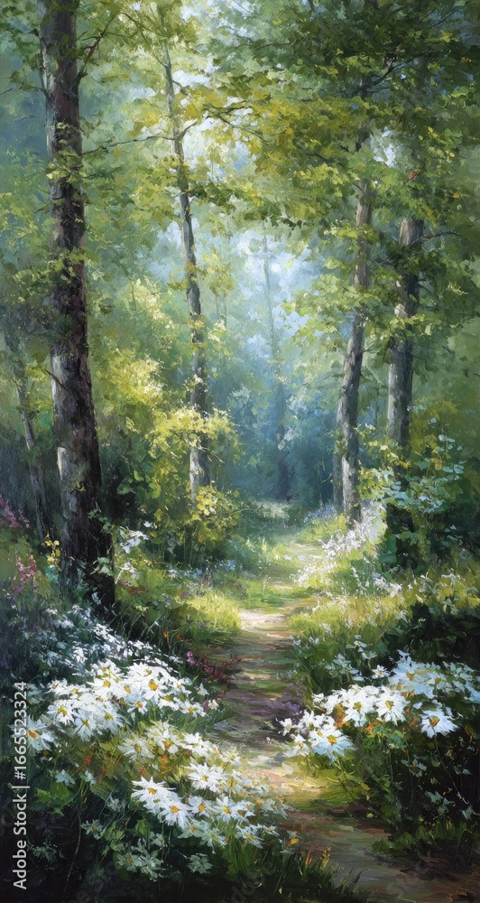Obraz premium Serene forest path bathed in sunlight, wildflowers bloom along the way