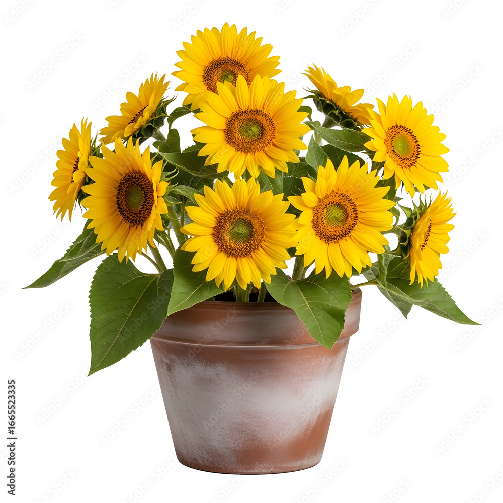 Obraz premium Sunflowers in a rustic pot on transparent background