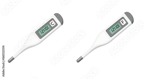 Two digital thermometers displaying temperature readings, one in Celsius and the other in Fahrenheit, against a white background.