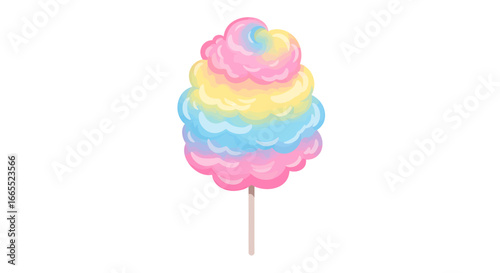 A colorful cotton candy treat, featuring layers of pink, blue, yellow, and pastel hues, perched atop a simple wooden stick.