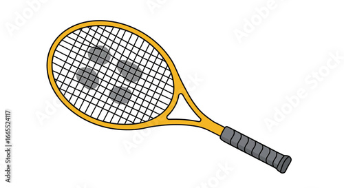 Yellow tennis racket with three grey tennis balls, illustration.