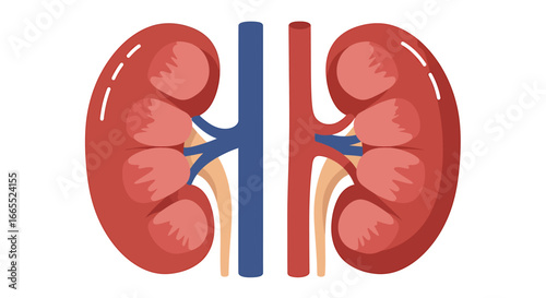 Detailed illustration of human kidneys, showing internal structure and blood vessels.