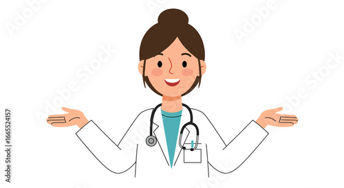 Smiling female doctor in white coat, open arms, welcoming gesture.