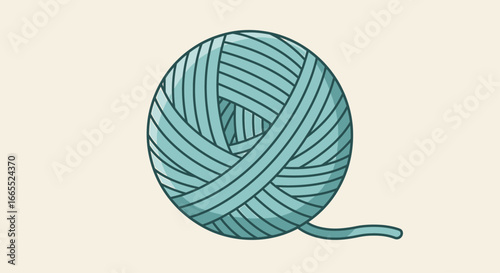 A teal-colored ball of yarn, tightly wound, with a single strand extending from the sphere.