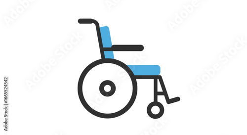 A simple illustration of a blue wheelchair, mobility aid, medical equipment.