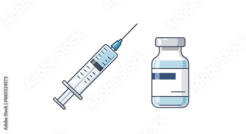 Medical illustration of a syringe and a vial, representing vaccination and healthcare.