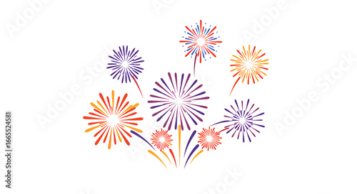Colorful fireworks display exploding against a plain white background, celebrating festivities.
