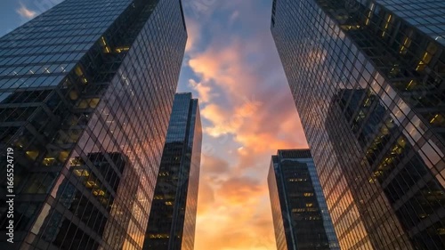 Time lapse of business financial downtown panorama of financial institutions skyscrapers and buildings