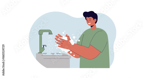 Man washing his hands with soap and water at a sink, emphasizing hygiene.