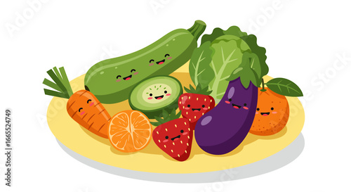 Cute cartoon vegetables and fruits on a plate, smiling happily together.