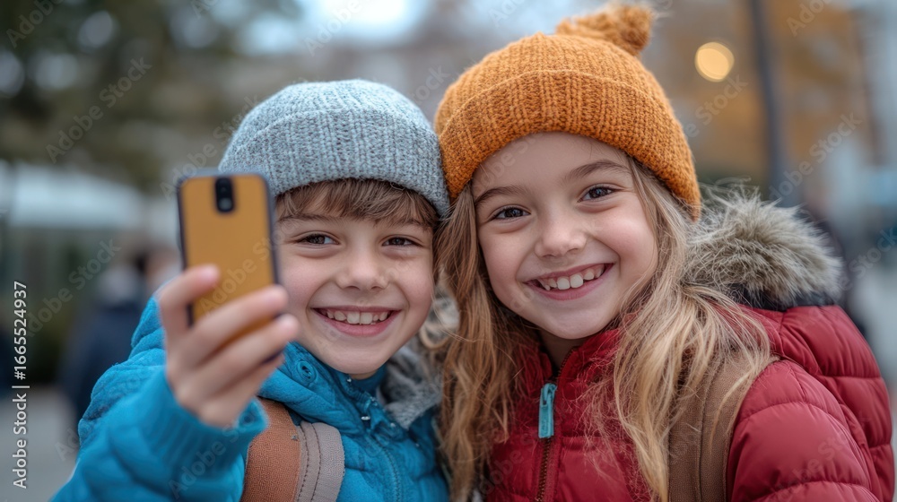 Obraz premium Two smiling children take a selfie outdoors, bundled up in winter attire.