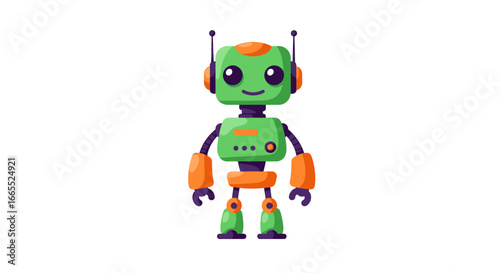 A cute, green cartoon robot stands facing forward with orange accents, against a plain white background.