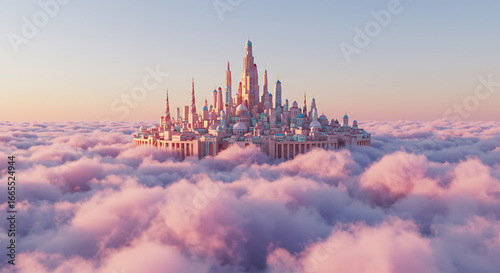 A Majestic City in the Sky: An Ethereal Dreamscape with Pink Clouds and Ancient Architectural Design, Inspired by Mythological Kingdoms