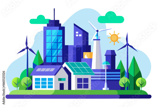 A modern city landscape featuring skyscrapers, houses, wind turbines, and solar panels. Symbolizes sustainable urban development and renewable energy.