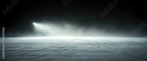 Eerie scene a dark, hazy space with a single light illuminating a concrete floor
