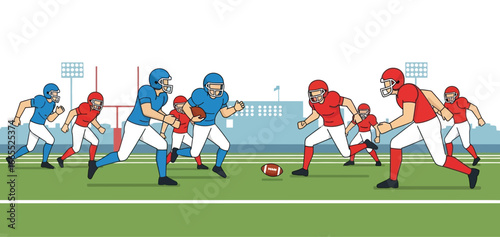 Football game action with players running and passing on sunny stadium field