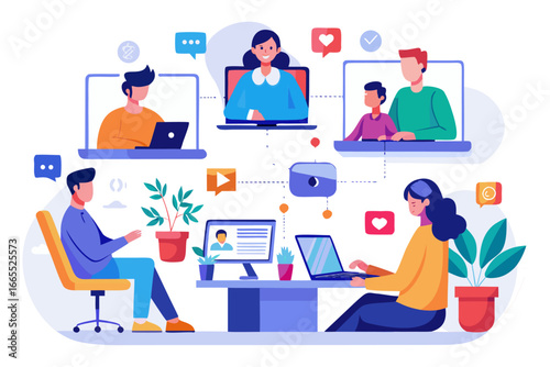 An illustration of online communication and social networking. People connect remotely via laptops and phones, sharing messages and photos, symbolizing social connections.
