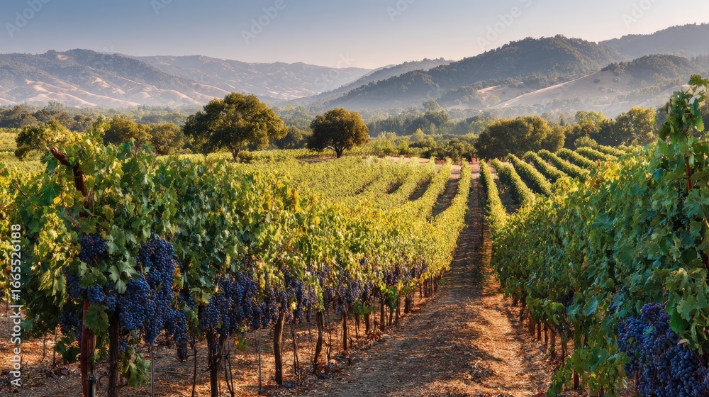 Naklejka premium Scenic vineyard with lush rows of grape vines, rolling hills, & trees