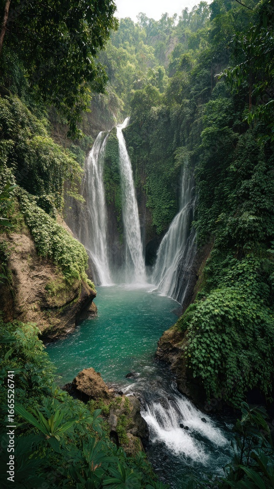 Fototapeta premium Lush jungle waterfall cascading into a turquoise pool with green vegetation