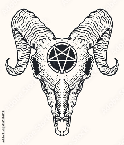 Illustration of Ancient Ram Skull Engraving with Esoteric Inverted Pentagram Symbol