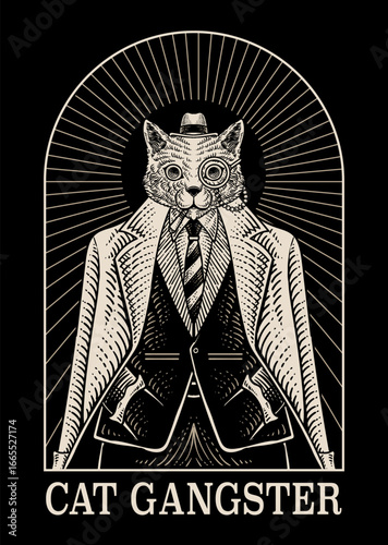 Illustration of Elegant Cat Gangster in Vintage Suit with Monocle - Vector Design