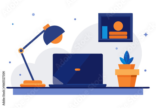 a desk setup with a laptop, lamp, and a plant, representing remote work, productivity, and a minimalist home office.