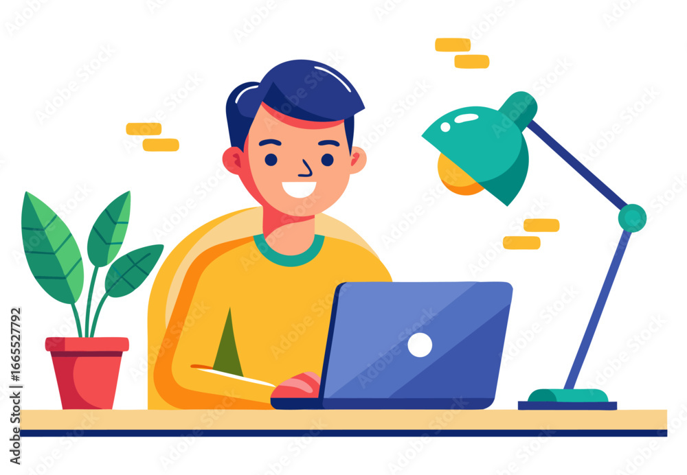 Fototapeta premium A conceptual illustration of a person working happily on a laptop at a desk. The graphic represents productivity, remote work, and a positive, creative workspace.