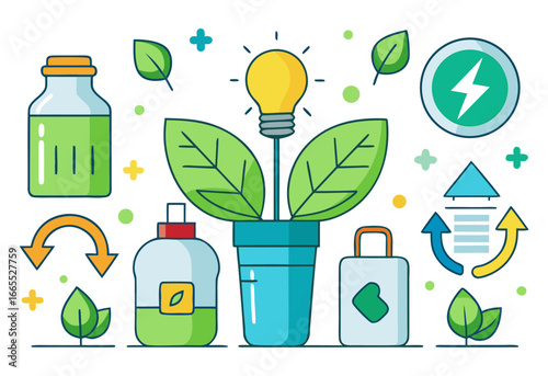 Illustration of various icons representing environmental concepts, including a plant with a lightbulb, recycled products, and recycling symbols. This represents sustainability, green energy, and ecolo