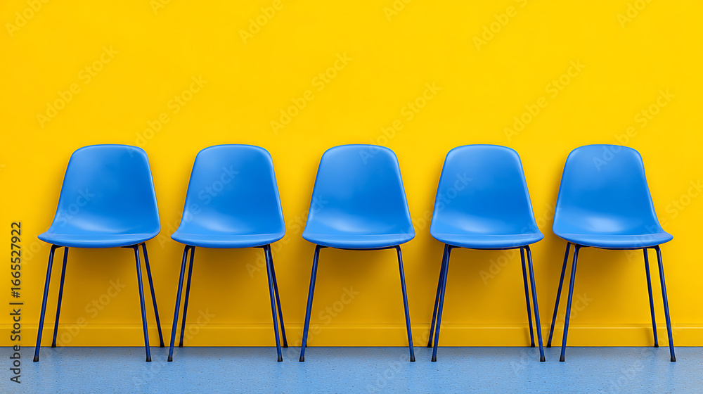 Obraz premium Bright Blue Chairs Aligned Against a Vibrant Yellow Wall in a Modern Interior Setting