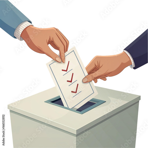 Two hands casting a ballot with checkmarks into a voting box, symbolizing civic duty and democratic process participation.