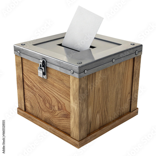Securely cast your vote with this classic wooden ballot box featuring a metal lock and slot, perfect for elections and polls.