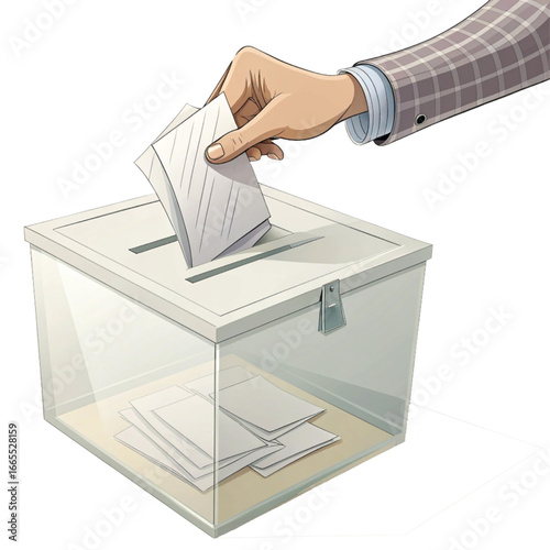 Man casts ballot into transparent voting box, symbolizing democratic participation and civic duty in elections