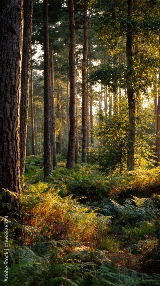 Fototapeta premium Sunlight streams through tall trees in a vibrant, lush forest with green undergrowth