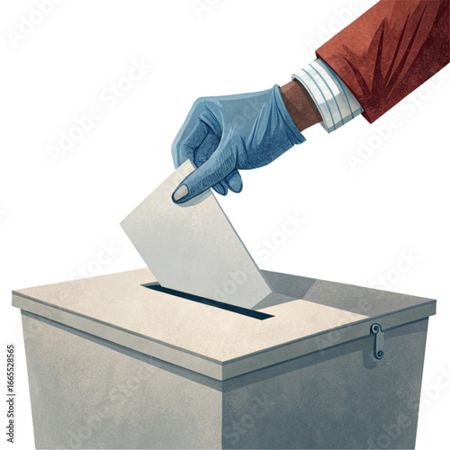 Voting process illustrated with hand casting ballot into ballot box, representing democracy and election.