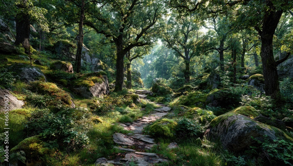 Fototapeta premium and keyword list based on the imageStone Path Meanders Through Lush Green Forest Clearing Under Bright Sunlight.